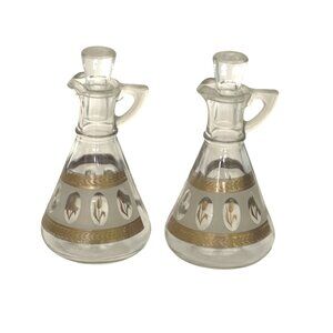 Vintage Cruet Bottles Brockway w/ Stoppers Frosted Glass Set Gold Wheat Pattern